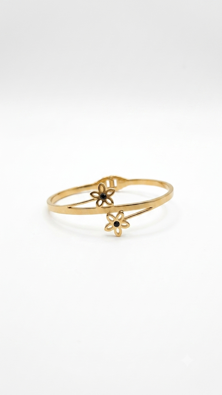 Dual Black Stone Flower Gold Kada
